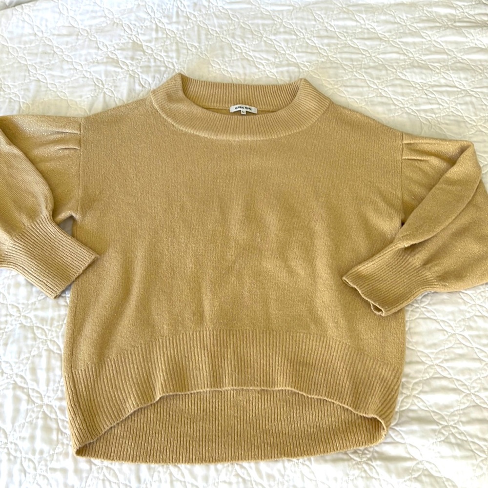 Soft, tan and gold sweater, asymmetrical hem. Perfect for the holidays!